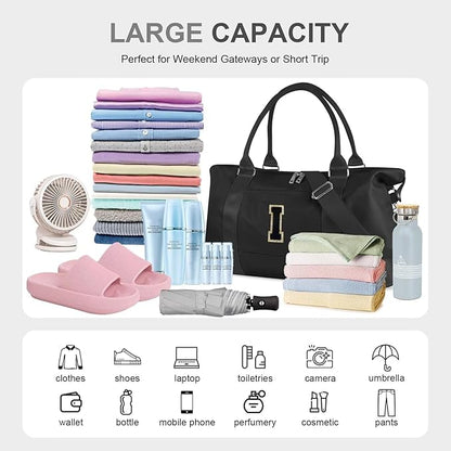 Dance Gym Duffel Bag for Teen Girls, Personalized Initial Travel Weekender Bag,Cute Overnight Carry On Duffle for Women,Sports Travel Cheer Bag,Monogram Christmas Gifts for Tween Preppy(black-I)