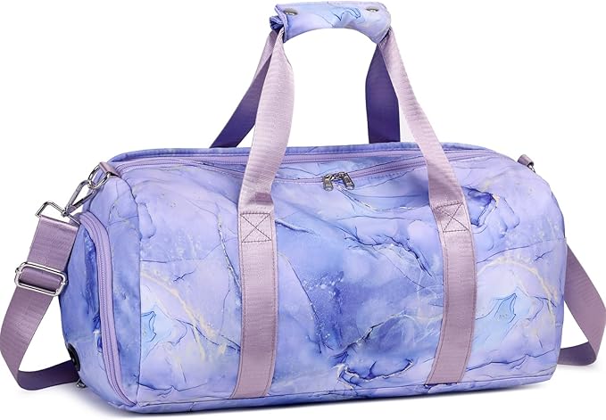 JIANYA Kids Duffle Bag for Girls Teens Sports Gymnastics Sleepover Bag with Shoe Compartment, Marble Purple