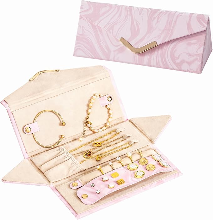 Yoobao Small Travel Jewelry Case for Women Girls, Triangle Jewelry Box Organizer, Foldable Storage Case for Necklaces Earrings Rings Bracelets, Travel Essentials, Ideal Present for Christmas