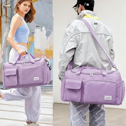 Gym Bag for Women Men, Travel Duffle Bag Large Capacity Carry On Weekender Bag With Shoe Compartment Gym Tote Dry Wet Separation Duffel Bag with Makeup Bag, Purple