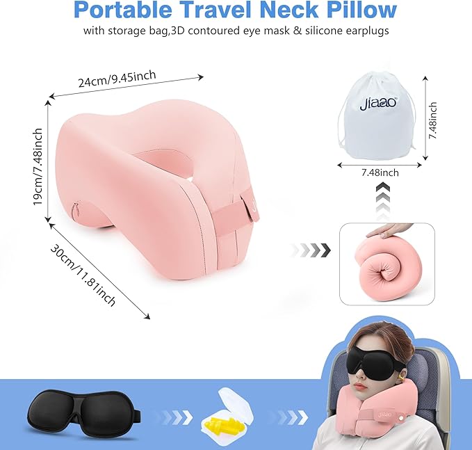 jiaao Neck Pillow Airplane, Memory Foam Travel Neck Pillows for Long Flight, 3D Eye Masks, Ear Plugs and Portable Drawstring Bag, Napping Pillow for Home, Road Trips, Sleep Rest and Travel Use