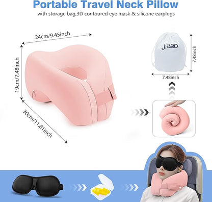 jiaao Neck Pillow Airplane, Memory Foam Travel Neck Pillows for Long Flight, 3D Eye Masks, Ear Plugs and Portable Drawstring Bag, Napping Pillow for Home, Road Trips, Sleep Rest and Travel Use