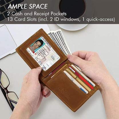 Full Grain Leather Wallet for Men, RFID Blocking, Mens Wallet Bifold with 2 ID Windows, Billfold with 13 Card Slots, Leather Gift for Men, American Flag Wallet Brown