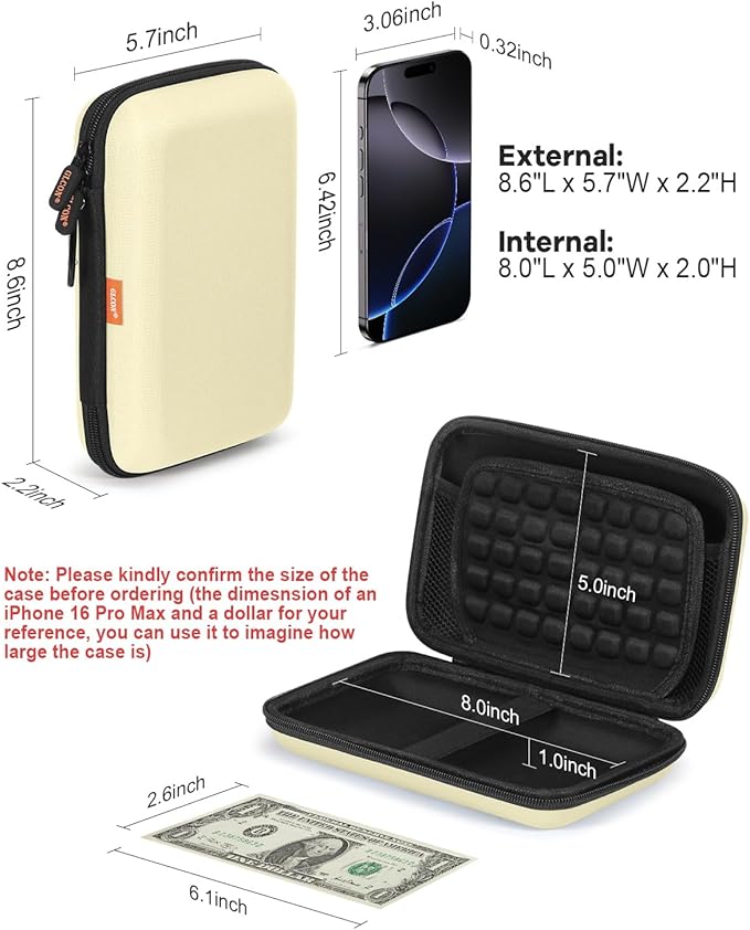 Clean-Beige Hard Shell Case for Electronic Accessories Organizer - Large Hard Carrying Case for Power Bank, External Hard Drive, Cell Phone, Charger, Cable - Portable Protection Travel Pouch Bag