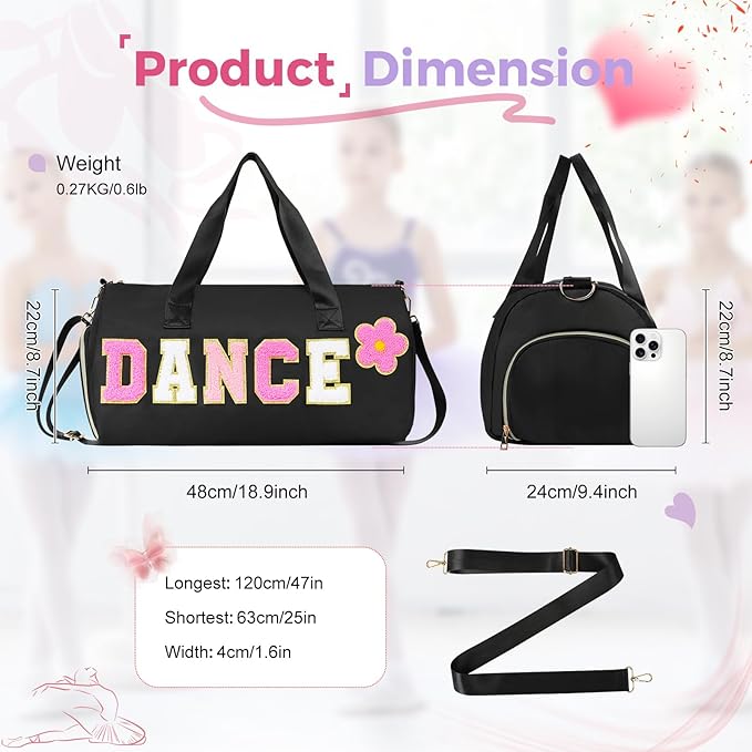 Dance Bag for Girls, KUIRAN Travel Duffel Bag with Shoe Compartment Lightweight Gym Sport Ballet Weekender Bag - Black/Shoe Compartment