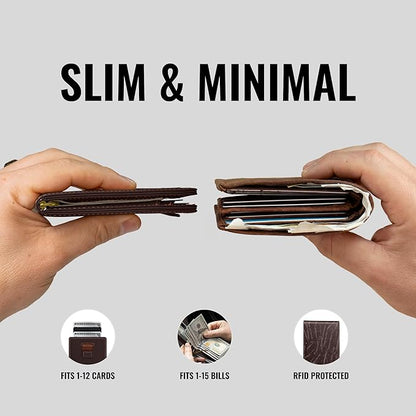 Kings Loot Wallet for Men | Minimalist Slim RFID Blocking Leather Design with Cash Pocket & Card Pull Strap | Holds 1-15 Cards | Stylish & Durable Wallets (Umber)