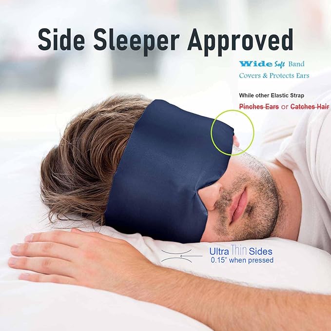 Nature Silk Sleeping Mask Soft Featherweight Eye Mask Large Wrap-Around Blindfold with Adjustable Velcro Blackout for Wild Sleeper Nose Cut (NavyBlue)