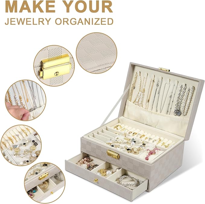 GUOER Jewelry Box for Women Girl Wife - Large PU Leather Jewelry Organizer Storage Case with Two Layers Display for Earrings Bracelets Rings Watches (Light Khaki)