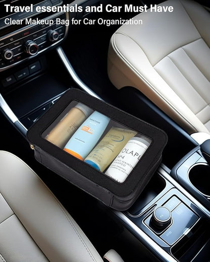 LETGO Clear Makeup Bag, Travel Cosmetic Case Toiletry Bag Make up Organizer Skincare Pouch for Women, Car Essentials Bag with Clear Windows (Black, Standard)