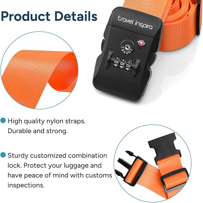 Travel Inspira Luggage Straps for Suitcases Travel Belt for Luggage TSA Approved Luggage Straps, Suitcase Straps 3-Dial Combination Locks Adjustable Suitcase Belt, Quick-Release Buckle (Orange)