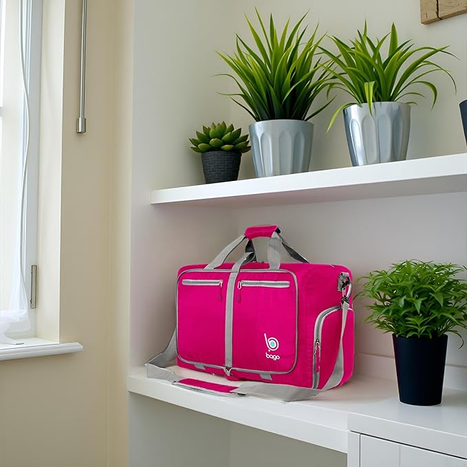 Bago Foldable Duffel Bags for Traveling Women & Men - 40L Sports Packable Duffle Bag for Travel with Shoe Compartment - Water Repellant, Heavy Duty, Lightweight Folding & Collapsible (Pink)