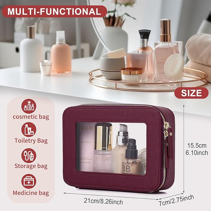 Pinkmik Clear Makeup Bag for Women Waterproof Travel Cosmetics and Toiletries Case Portable Makeup Oaganizer Bag Clear Car Bag with Zipper (X/Burgundy, M)