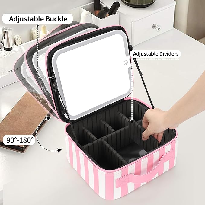 TANTO Makeup Bag With LED Mirror, Travel Makeup Case with Light up Mirror Large Cosmetic Case with 3 Color Lighted Portable Organizer Bag with Adjustable Dividers (Pink/White Stripes, Small)