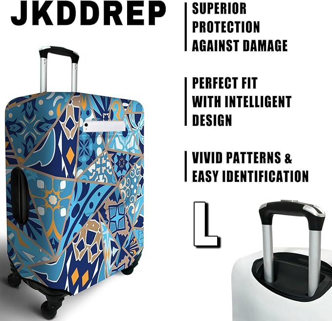 Portuguese tiles Travel Luggage Cover, Travel-Themed Suitcase Protector Stretchable, Washable Travel Suitcase Cover (L for 25-28 Inch Luggage)