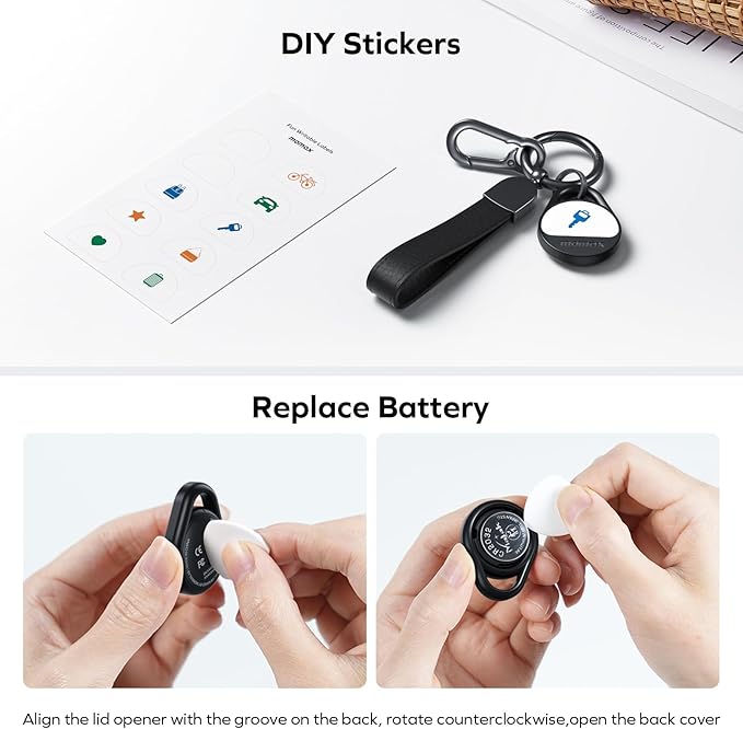 Momax Air Tracker Tags 4 Pack, [Apple MFi Certified], Replaceable Battery Bluetooth Tracker Compatible with Apple Find My (iOS Only), DIY Stickers, Item Finder Smart Tag for Keys, Wallet, Luggage