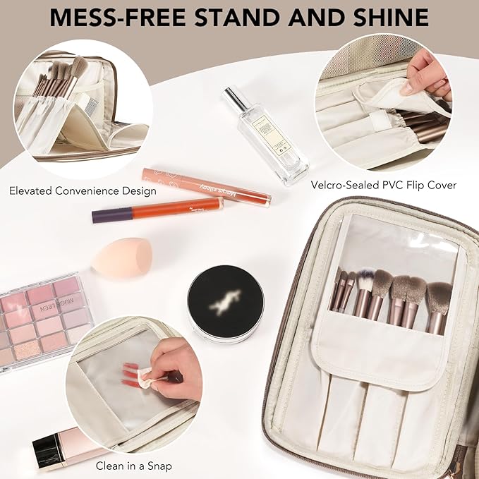 Travel Makeup Bag Women's Large Capacity Cosmetic Portable Organizer Large Opening Waterproof Storage Toiletry Bags Vertical Free-Standing Brush Holder for Easy Access Copper