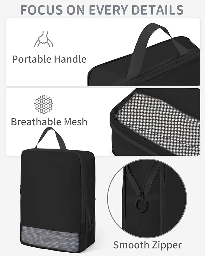 Compression Packing Cubes 11 Set - Expandable Suitcase Organizers, Luggage Bags for Travel Essentials - Black