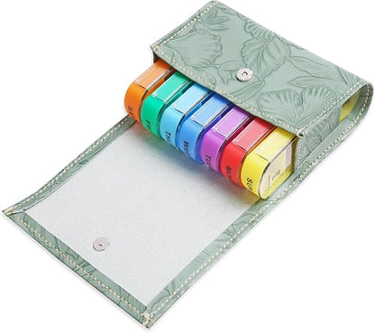 Pill Organizer,LIZIMANDU Weekly Travel Pill Case Box Medication Reminder Daily AM PM, Day Night 7 Compartments,for 4 Times A Day, 7 Days a Week-Includes Leather PU Carrying Case(1-Carved Green)