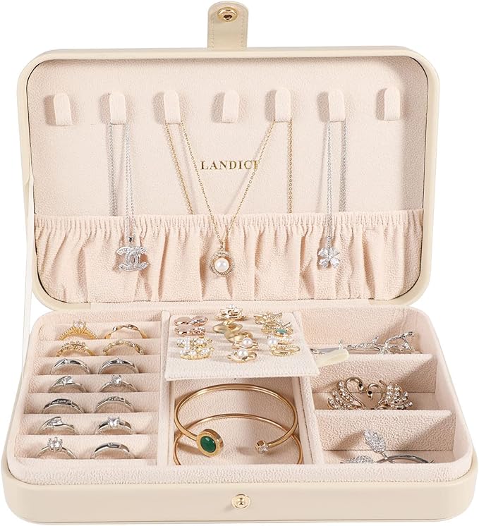 LANDICI Small Jewelry Box for Women Girls, PU Leather Travel Jewelry Case, Portable Jewelry Organizer Storage Holder Display for Ring Earrings Necklace Bracelet Brooch Men Kids Gift, Apricot