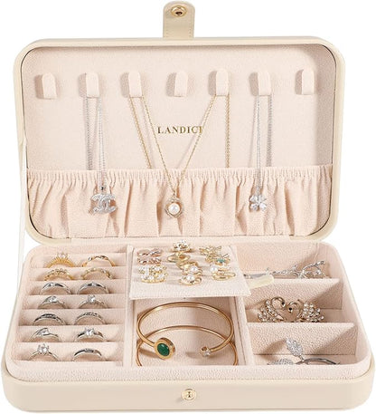 LANDICI Small Jewelry Box for Women Girls, PU Leather Travel Jewelry Case, Portable Jewelry Organizer Storage Holder Display for Ring Earrings Necklace Bracelet Brooch Men Kids Gift, Apricot
