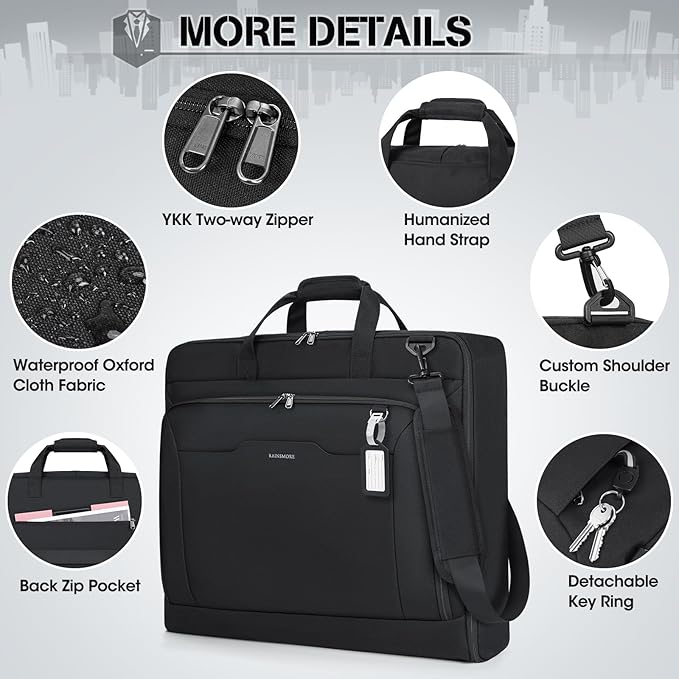 RAINSMORE Garment Bags for Travel Carry On Garment Bag for Hanging Clothes, Suit Bag for Business Trips with Shoes bag & Shoulder Strap, Waterproof Foldable Suit Luggage Bag for Men Women, Black