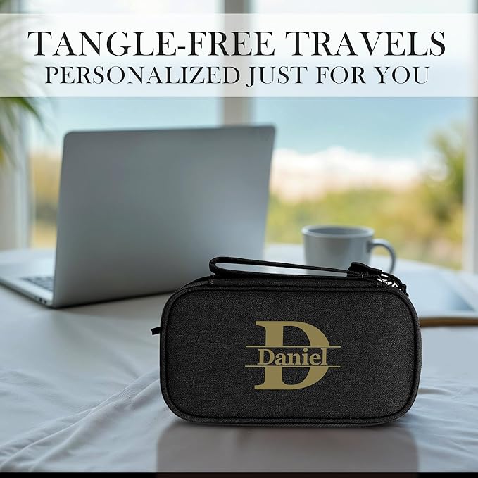 Personalized Electronics Organizer Travel Case – Custom Name Compact Cable Storage Bag for Chargers, Cords, USB Flash Drives – Waterproof Tech Pouch for Travel, Business and Daily Organization-Black