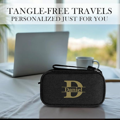 Personalized Electronics Organizer Travel Case – Custom Name Compact Cable Storage Bag for Chargers, Cords, USB Flash Drives – Waterproof Tech Pouch for Travel, Business and Daily Organization-Black
