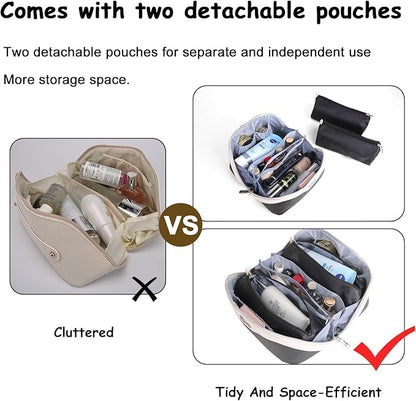 BOYATU Travel Makeup Bag Organizer Cosmetic Bag: 3 Pcs Set Make up Bags for Women with Handle - Waterproof Vegan Leather Toiletry Bags Travel Essentials Pouch with Compartments (04-Black)