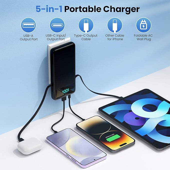Portable Charger for iPhone with Built-in Cables and Wall Plug,Upgraded 13800mAh Fast Charging USB C Power Bank,4 Outputs Slim Travel Essential Battery Pack for iPhone 17/16/15/14/13,Galaxy,Android