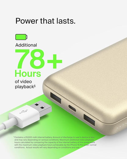 Belkin Portable Charger, USB-C Power Bank 20000 mAh w/ 2xUSB-A Ports, 15W w/Type-C to Type-A Cable for iPhone 17, Air, Samsung Galaxy S25, Pixel, iPad, Nintendo Switch 2, Google Pixel 10, etc. - Gold