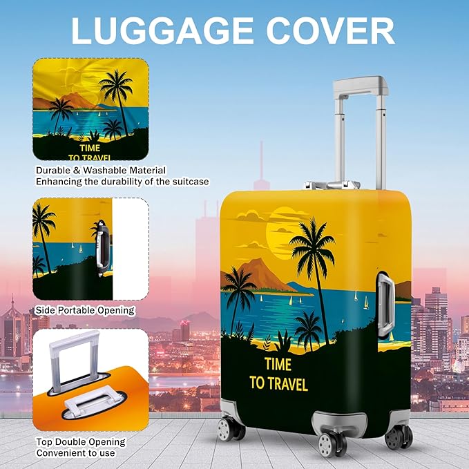 ANNA QUEEN Tropical Vacation Luggage Cover, Sunset & Beach Island Design, Stretchable, Washable Suitcase Protector for 20-34 Inch Luggage