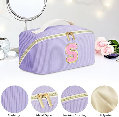 Personalized Initial Makeup Bag,Christmas Gifts for Girl,Preppy Bag Cosmetic Travel Bag Women,Travel Toiletry Organizer,Large Capacity Corduroy Stuff Bag,Cute Cosmetic Pouch Skincare Bag-Y