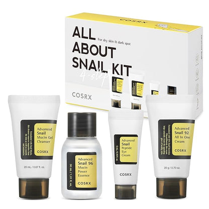 COSRX All About Snail Mucin Korean Skin Care Set, Mini Travel Essentials, Travel Size Gift Set with Snail Mucin Face Wash, Serum, Moisturizer & Eye Cream, Rejuvenating Kit, Stocking Stuffers