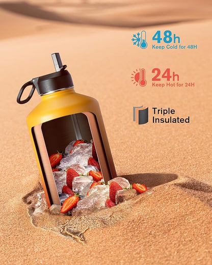 Coolflask 128 oz Gallon Water Bottle Insulated with Straw&3 Lids, Water Jug Large Stainless Steel Metal Vacuum Wide Mouth for Sports, Gym or Office, Non-BPA Keep Cold 48H Hot 24H, Ombre Yellow/Orange