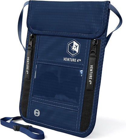 VENTURE 4TH Neck Wallet, RFID Blocking Passport Holder for Travel – Hidden Neck Pouch with 6 Compartments, Slim Lightweight Organizer with Adjustable Strap for Cash, Cards & Passport (Navy Blue)