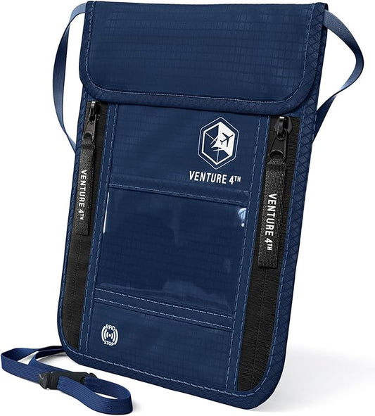 VENTURE 4TH Neck Wallet, RFID Blocking Passport Holder for Travel – Hidden Neck Pouch with 6 Compartments, Slim Lightweight Organizer with Adjustable Strap for Cash, Cards & Passport (Navy Blue)