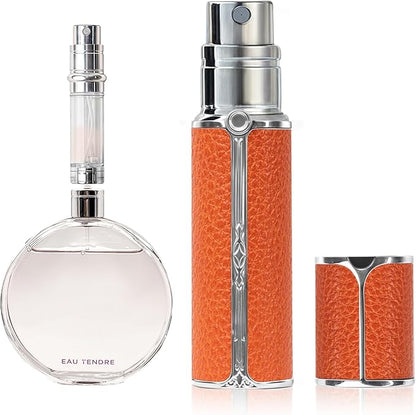 AF01OR Leather Perfume atomiser, 5ml Bottom Fill Travel Perfume Bottle, Refillable Perfume Dispenser for Women & Men (Orange 5ml)