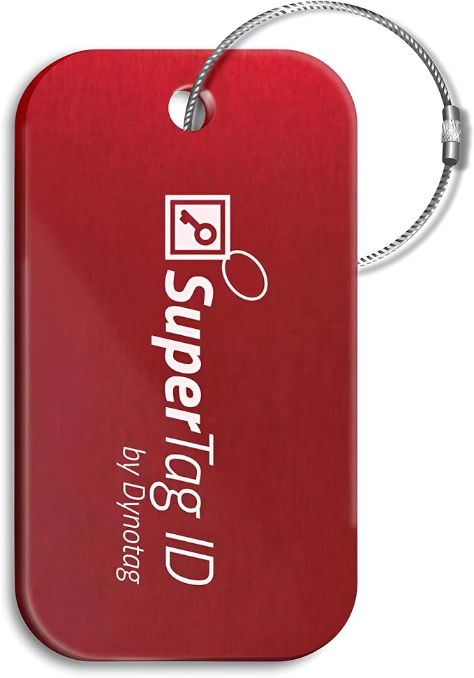 Dynotag® Sentry Series Solid Metal Web Enabled Smart Luggage Tag ID + Steel Loop, Anodized Aluminum with DynoIQ™ & Lifetime Recovery Service (Ruby Red)