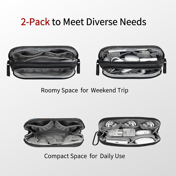 Travel Tech Carrying Pouch - Portable Electronics Organizer Travel Case, Portable Tech Organizer, All-in-One Storage Bag for Charging Cable (2 Pack, Black, Medium+Small)
