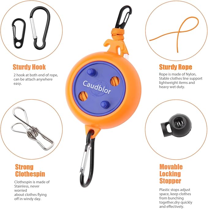 Portable Travel Clothesline Cord, Caudblor Adjustable 33ft Camping Clothes line, Laundry Drying Rope for Hotel Trip, Cruise, Outdoor/Indoor, with 12Pcs Stoppers, Windproof Clothespins