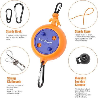 Portable Travel Clothesline Cord, Caudblor Adjustable 33ft Camping Clothes line, Laundry Drying Rope for Hotel Trip, Cruise, Outdoor/Indoor, with 12Pcs Stoppers, Windproof Clothespins