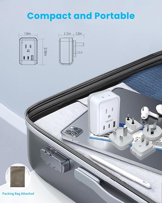 Universal Travel Adapter Kit, VINTAR International Plug Adapter with 3 USB Ports(2 USB C, 3.4A) and 2 American Outlets, Type A,C,G,I Detachable Attachments, Adapter for US/Japan/Europe/UK/AUS