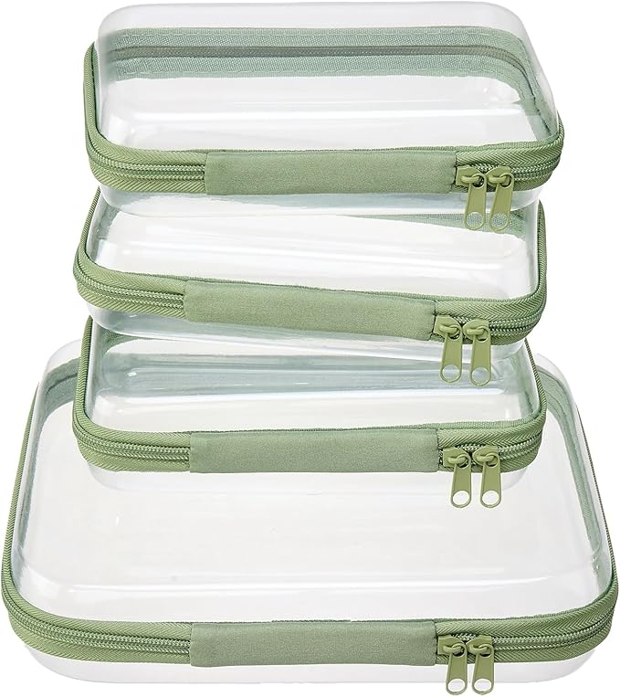 4 pcs Clear Zipper Pouches,Hard Shell Zipper Case, Toiletry Bag for Travel, CLear Diaper Bag, Toiletry Pouch, Travel Organizer, Clear Cosmetic Bag,Toy Storage Bins (M+3S) (Mint Green)