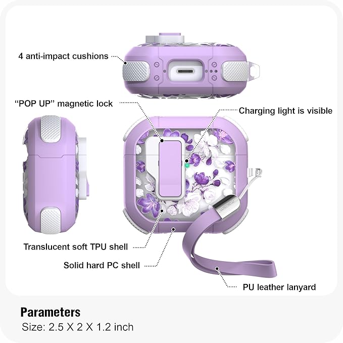 WENEW Case for AirPods 4th Case Cover Secure Lock Automatic Snap Switch Clip Cleaner Kit Lanyard Women Stylish Flower Armour Hard Shell Full Body Front LED Visible (Purple Flower, AirPods 4th)