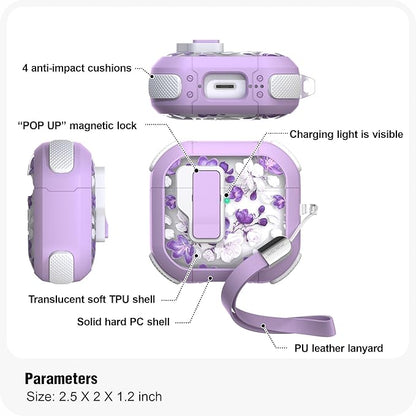 WENEW Case for AirPods 4th Case Cover Secure Lock Automatic Snap Switch Clip Cleaner Kit Lanyard Women Stylish Flower Armour Hard Shell Full Body Front LED Visible (Purple Flower, AirPods 4th)