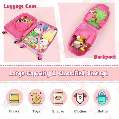 KOTEK Kids Carry On Luggage Set, 16" Hardside Rolling Suitcase with Spinner Wheels, Travel Rolling Luggage for Boys Girls (Pink Unicorn)