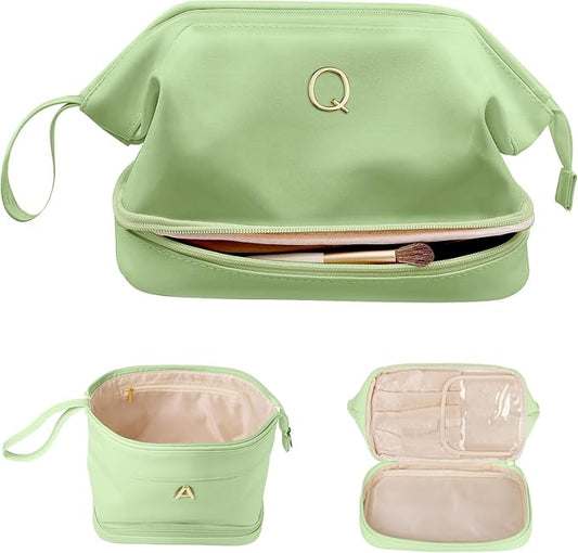 Holiday Gift, Initial Large Makeup Bag, Bride To Be Gifts, Double Layer Cosmetic Bag, Waterproof PU Travel Toiletry Bag for Bachelorette Party Women Wedding Bridal, Bride Gifts