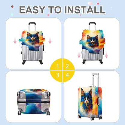 ANNA QUEEN Colorful Cat Luggage Cover, Artistic Blue Cat Design with Rainbow Colors, Stretchable, Washable Travel Sleeve for 28-30 Inch Suitcases