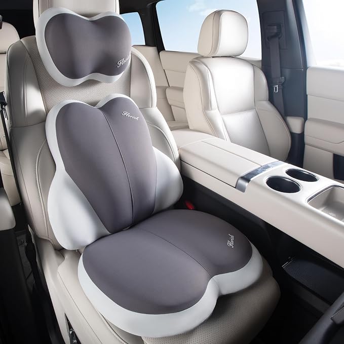 FLORICH 3 PCS Seat Cushion for Carseat Lumbar Support Pillow Car Neck Headrest Pillows Ultrathick Memory Foam Seat Pads Pressure Relief Back Cushion for Office Chair(Beige Grey)