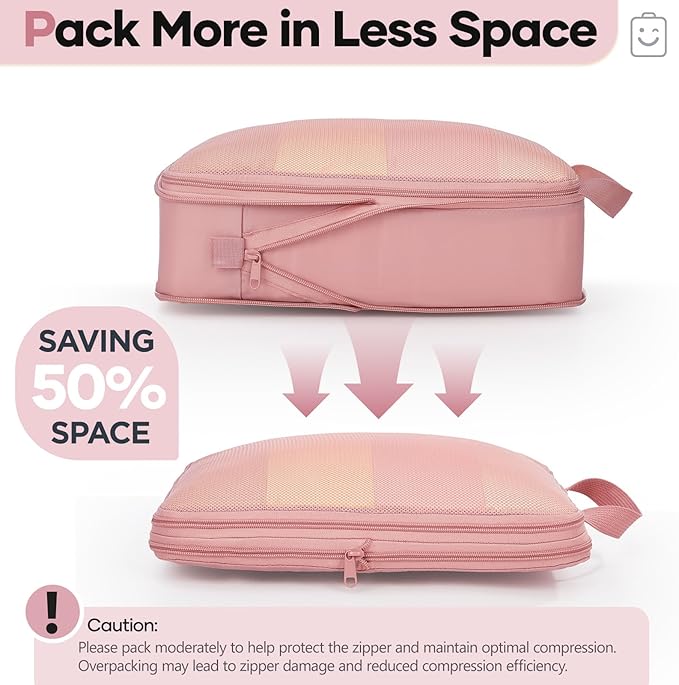 Veken 6/9/11 Set Compression Packing Cubes for Travel Essentials,Compressible Expandable Large Luggage Suitcase Organizer Bags for Clothing,Durable Space Saver Storage Bags(Pink)